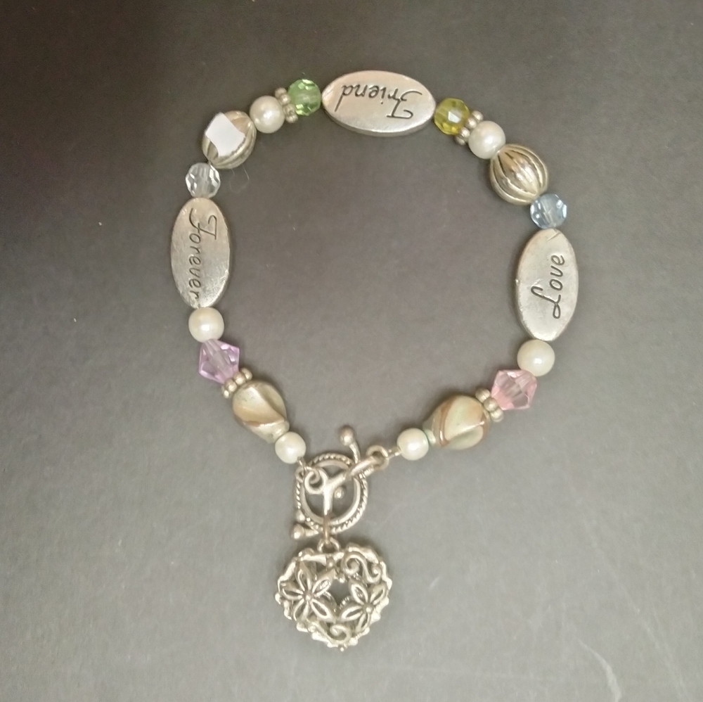 Engraved heart friendship toggle charm bracelet